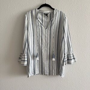 NIC+ZOE Linen Cotton Blend blue striped Tunic Top tassel boho Sz M